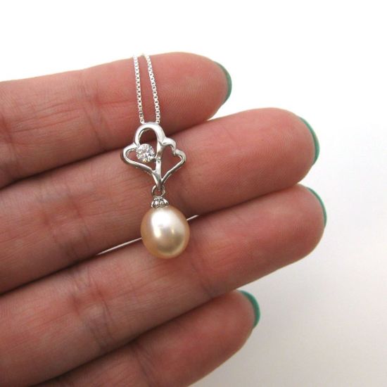 Wholesale Sterling Silver Cream Freshwater Pearl and CZ Stone Heart Pendant Necklace-16"