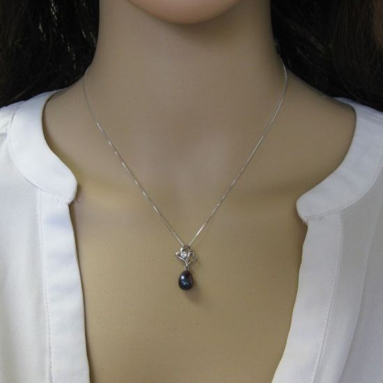 Wholesale Sterling Silver Peacock Freshwater Pearl and CZ Stone Heart Pendant Necklace-16"