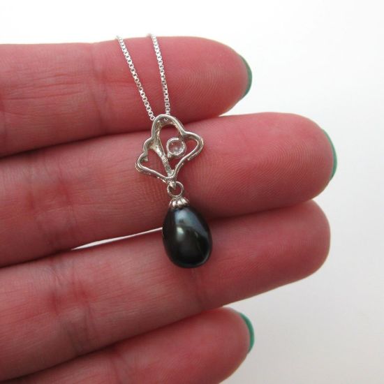 Wholesale Sterling Silver Peacock Freshwater Pearl and CZ Stone Heart Pendant Necklace-16"