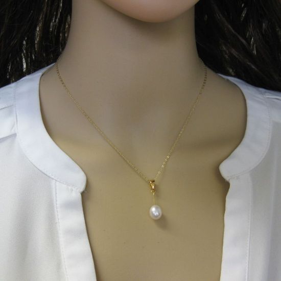 Wholesale Gold Plated Sterling Silver White Freshwater Pearl Dangle Pendant Necklace-16"