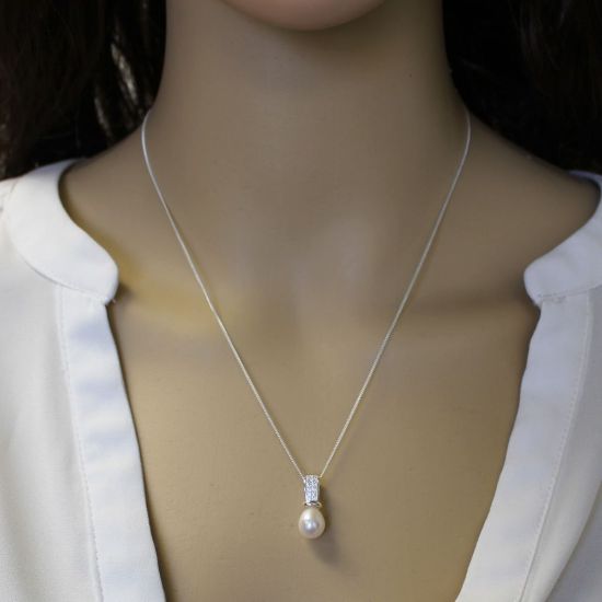 Wholesale Sterling Silver and CZ Stone White Freshwater Pearl Drop Pendant Necklace-18"