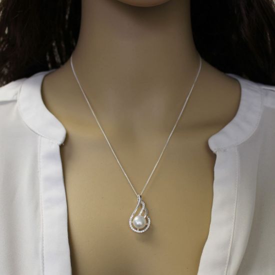 Wholesale Sterling Silver and CZ Stone Fancy Teardrop Pendant with White Freshwater Pearl Necklace-18"