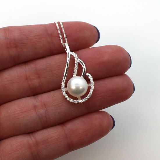 Wholesale Sterling Silver and CZ Stone Fancy Teardrop Pendant with White Freshwater Pearl Necklace-18"