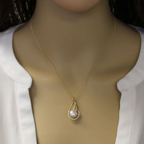 Wholesale Gold Plated Sterling Silver and CZ Stone Fancy Teardrop Pendant with White Freshwater Pearl Necklace-18"