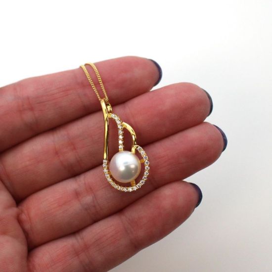 Wholesale Gold Plated Sterling Silver and CZ Stone Fancy Teardrop Pendant with White Freshwater Pearl Necklace-18"