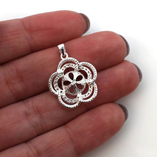 Wholesale Sterling Silver and CZ Stone Fancy Flower Pearl Cup Bail for Half-Drilled Pearls