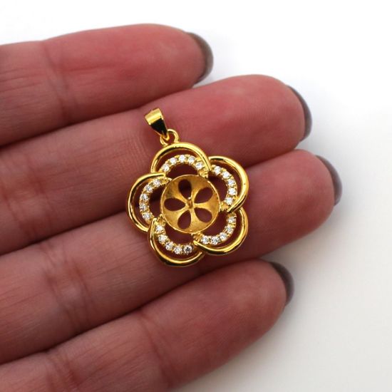 Wholesale Gold Plated Sterling Silver and CZ Stone Fancy Flower Pearl Cup Bail for Half-Drilled Pearls