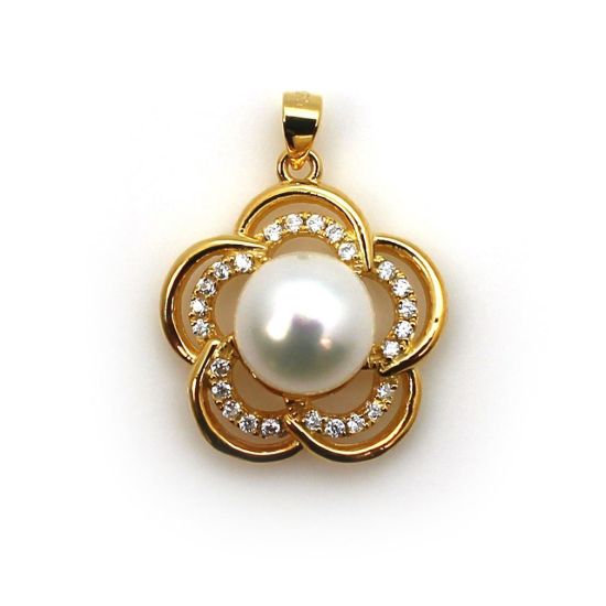 Wholesale Gold Plated Sterling Silver and CZ Stone Fancy Flower Pearl Cup Bail for Half-Drilled Pearls