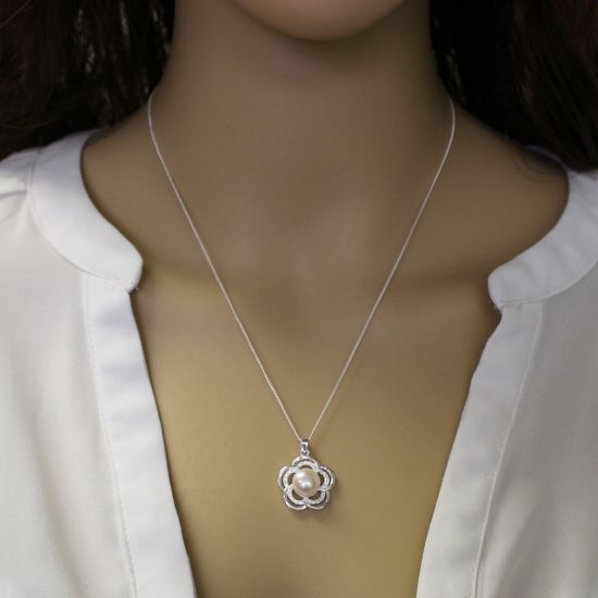 Wholesale Sterling Silver and CZ Stone White Freshwater Pearl Flower Pendant Necklace-18"