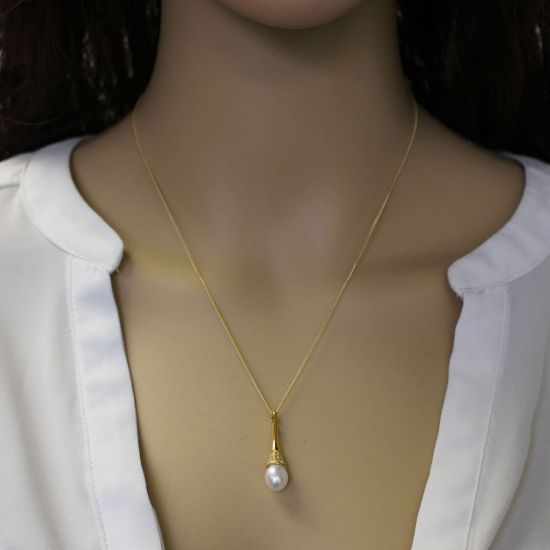 Wholesale Gold Plated Sterling Silver and CZ Stone White Freshwater Pearl Long Decorated Bell Pendant Necklace-18"