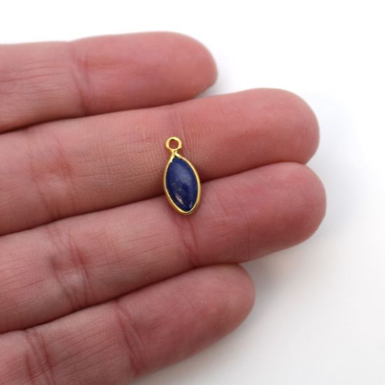 Wholesale Bezel Charm Pendant - Gold Plated Sterling Silver Charm - Natural Lapis Lazuli -Tiny Marquise Shape -6x13mm
