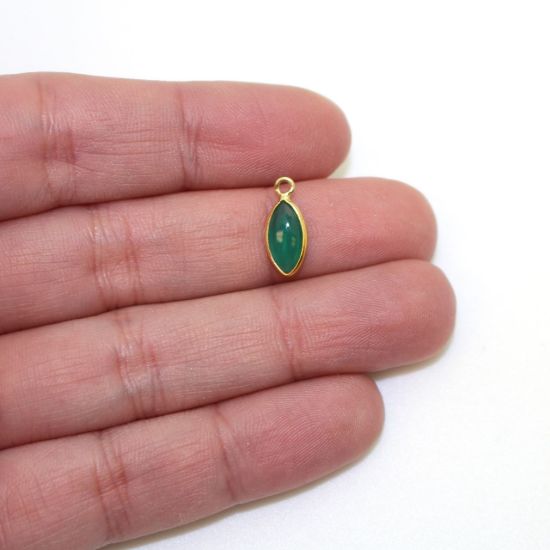 Wholesale Bezel Charm Pendant - Gold Plated Sterling Silver Charm - Natural Green Onyx -Tiny Marquise Shape -6x13mm