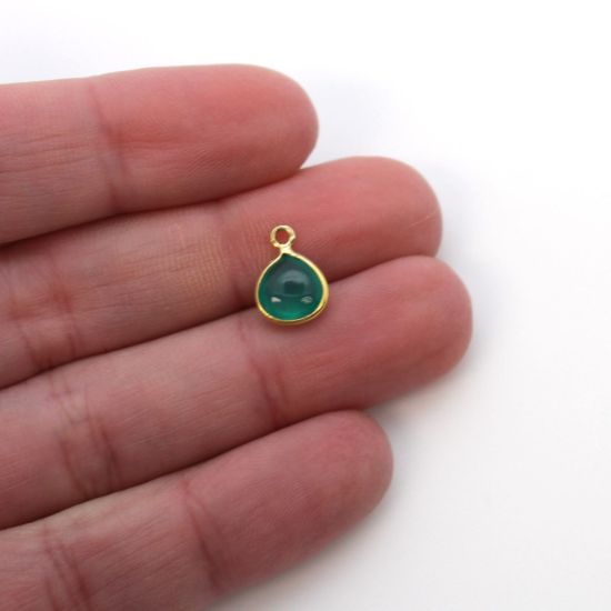 Wholesale Bezel Charm Pendant - Gold Plated Sterling Silver Charm - Natural Green Onyx -Tiny Heart Shape -7mm