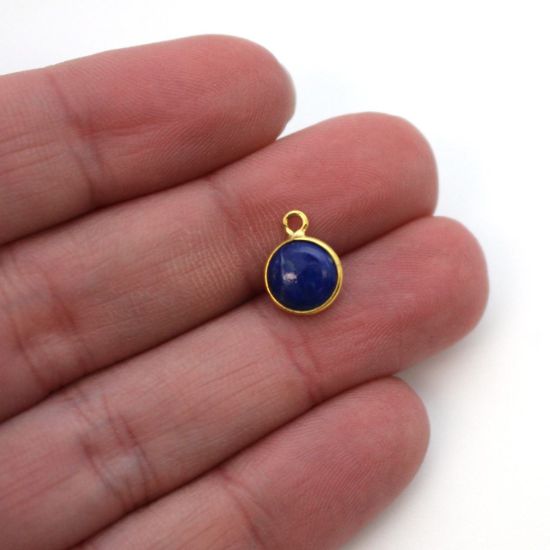 Wholesale Bezel Charm Pendant - Gold Plated Sterling Silver Charm - Natural Lapis Lazuli -Tiny Round Shape