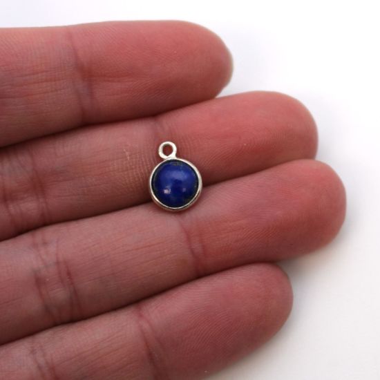 Wholesale Bezel Charm Pendant - Sterling Silver Charm - Natural Lapis Lazuli -Tiny Round Shape