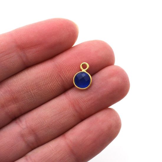 Wholesale Bezel Charm Pendant - Gold Plated Sterling Silver Charm - Blue Monalisa - Tiny Circle Shape - 7mm