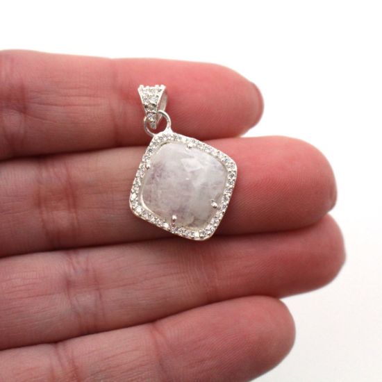 Wholesale Sterling Silver Moonstone Bezel Gemstone Diamond Shape Pave Pendant, Wholesale Gemstone Pendants for Jewelry Making