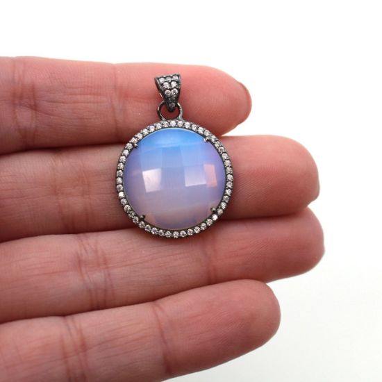 Wholesale Oxidized Sterling Silver Opalite Quartz Bezel Gemstone Round Pave Pendant, Wholesale Gemstone Pendants for Jewelry Making