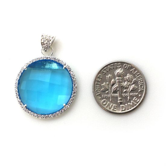 Wholesale Sterling Silver Blue Topaz Quartz Bezel Gemstone Round Pave Pendant, Wholesale Gemstone Pendants for Jewelry Making