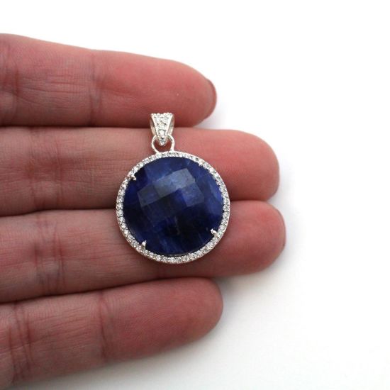 Wholesale Sterling Silver Dyed Blue Sapphire Bezel Gemstone Round Pave Pendant, Wholesale Gemstone Pendants for Jewelry Making
