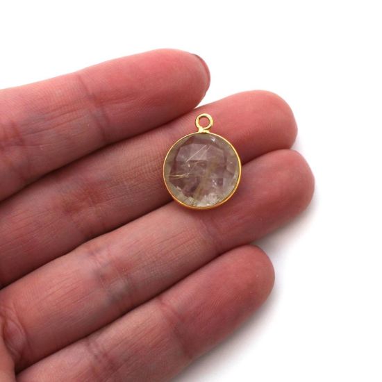 Wholesale Gold plated Sterling Silver Round Bezel Gold Rutilated Quartz Quartz Gemstone Pendant, Wholesale Gemstone Pendants for Jewelry Making