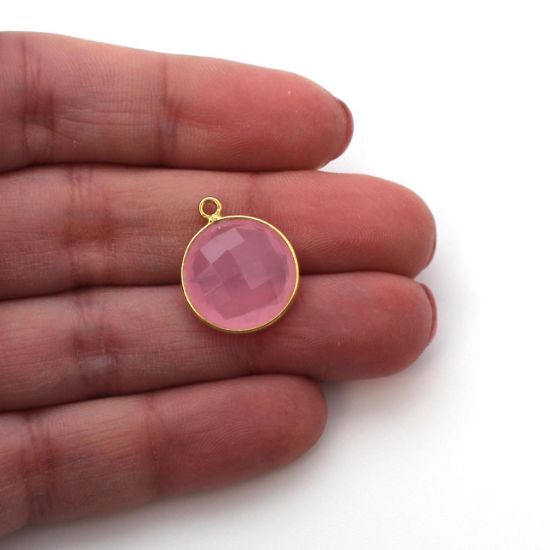 Wholesale Gold plated Sterling Silver Round Bezel Pink Chalcedony Gemstone Pendant, Wholesale Gemstone Pendants for Jewelry Making