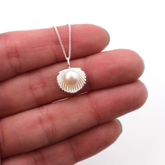 Wholesale Sterling Silver White Freshwater Pearl Clam Shell Pendant Necklace-18"