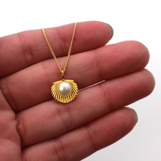 Wholesale Gold Over Sterling Silver White Freshwater Pearl Clam Shell Pendant Necklace-18"