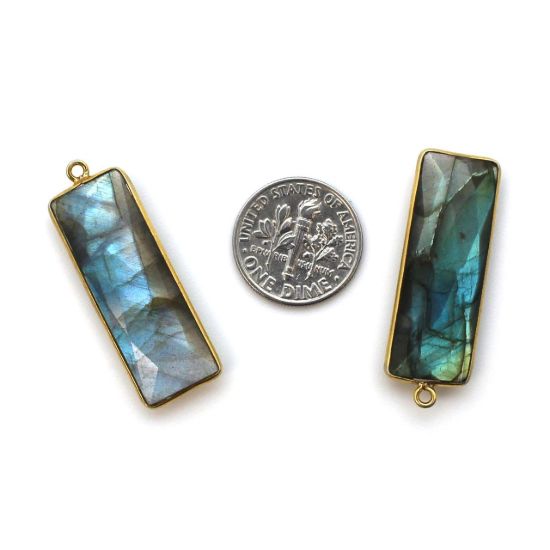 Wholesale Gold Over Sterling Silver Bezel Pendant - 34x11mm Elongated Rectangle Shape - Labradorite