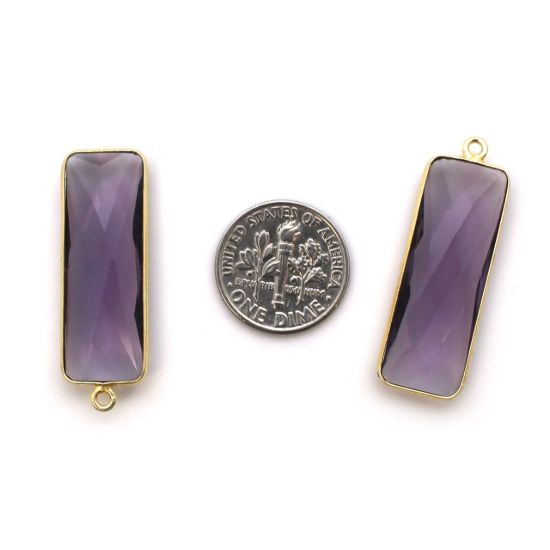 Wholesale Gold Over Sterling Silver Bezel Charm Pendant - 34x11mm Elongated Rectangle Shape - Amethyst Quartz -February Birthstone