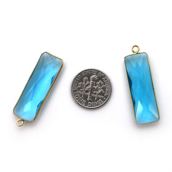 Wholesale Gold Over Sterling Silver Bezel Charm Pendant - 34x11mm Elongated Rectangle Shape - Blue Topaz Quartz - December Birthstone
