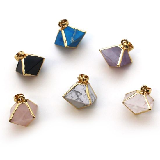 Gold Plated Frosted Crystal Quartz Octahedron Gemstone Pendant - 8 Sided Gemstone Pendant - 25mm
