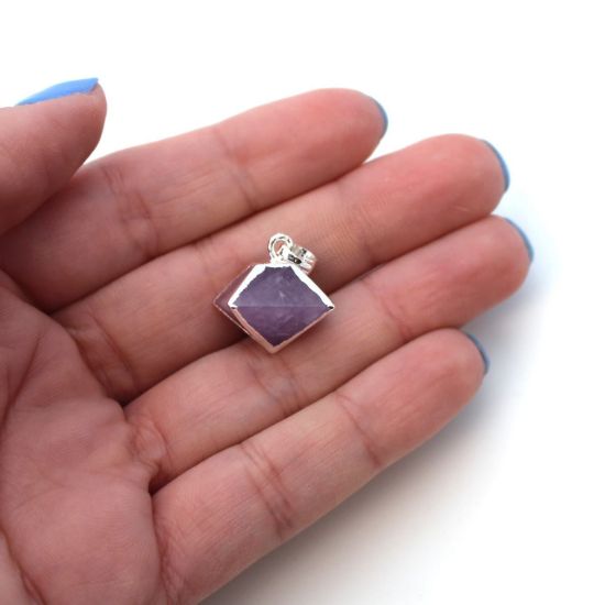Silver Plated Amethyst Octahedron Gemstone Pendant - 8 Sided Gemstone Pendant - 25mm
