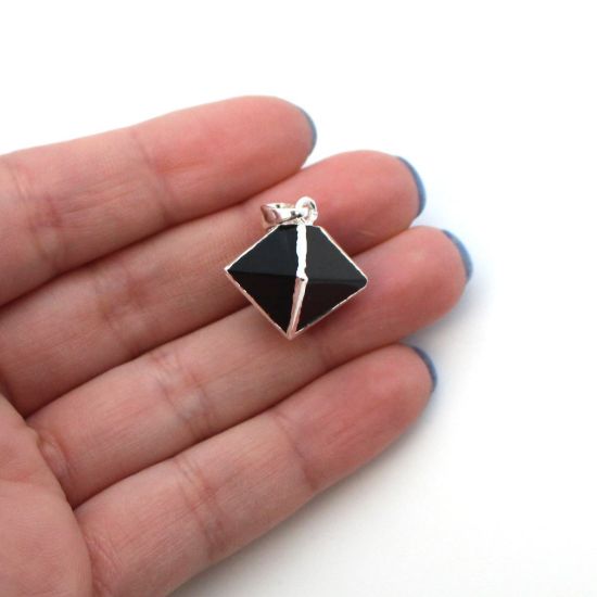 Silver Plated Black Agate Octahedron Gemstone Pendant - 8 Sided Gemstone Pendant - 25mm
