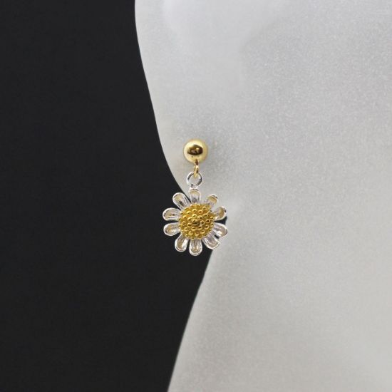 Gold Filled Ball Stud with Sterling Silver Two-Tone Sunflower Charm Drop Earrings (Sold Per Pair)