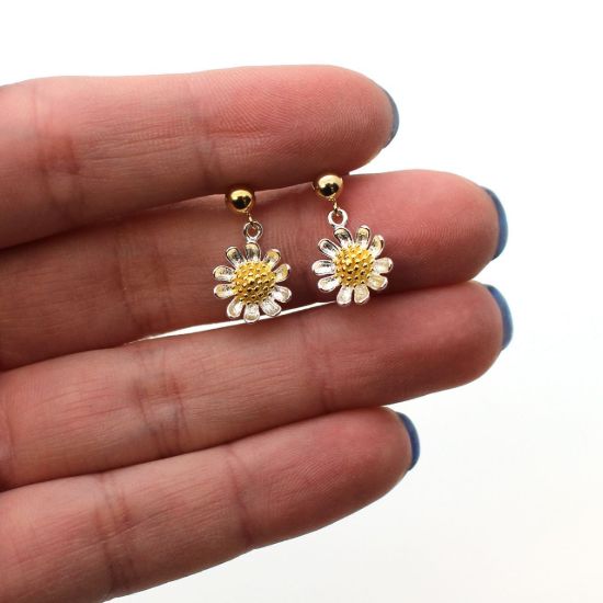 Gold Filled Ball Stud with Sterling Silver Two-Tone Sunflower Charm Drop Earrings (Sold Per Pair)