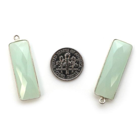 Wholesale Sterling Silver Bezel Charm Pendant - 34x11mm Elongated Rectangle Shape - Aqua Chalcedony