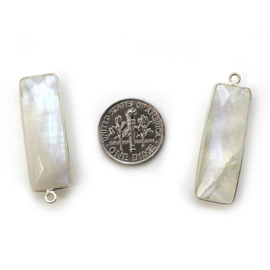 Wholesale Sterling Silver Bezel Charm Pendant - 34x11mm Elongated Rectangle Shape - Rainbow Moonstone - June Birthstone