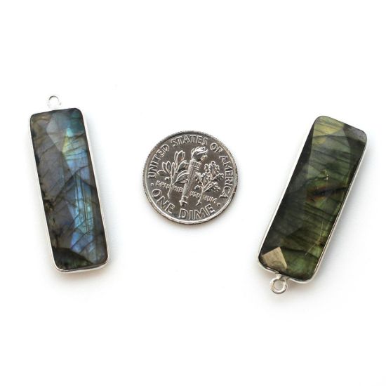 Wholesale Sterling Silver Bezel Charm Pendant - 34x11mm Elongated Rectangle Shape - Labradorite