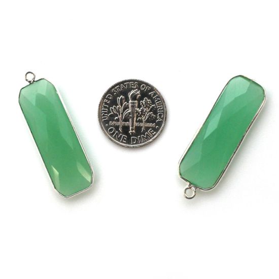 Wholesale Sterling Silver Bezel Charm Pendant - 34x11mm Elongated Rectangle Shape - Prehnite Chalcedony