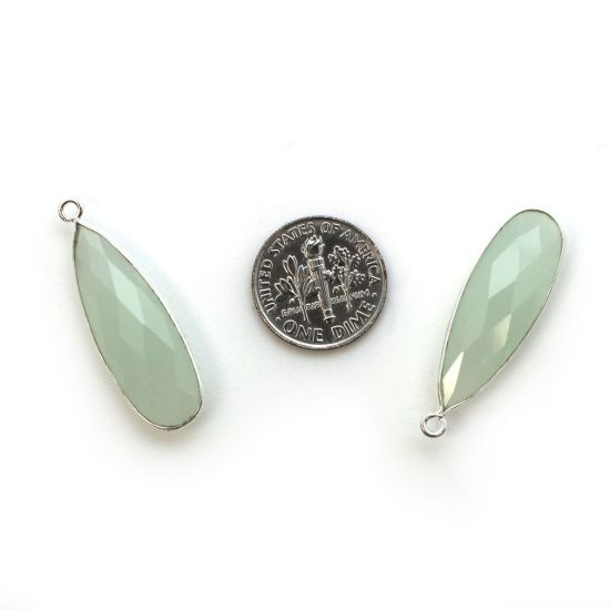 Wholesale Sterling Silver Bezel Charm Pendant - 34x11mm Elongated Teardrop - Aqua Chalcedony