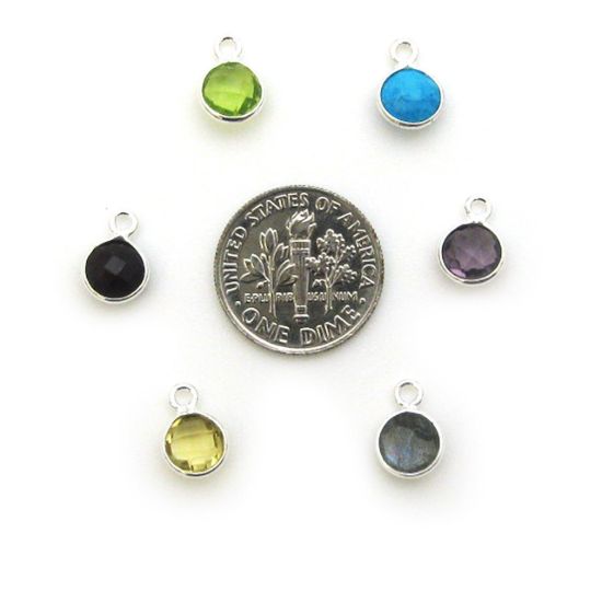 Wholesale Sterling Silver Bezel Charm Pendant - 7mm Tiny Circle Shape - Crystal Quartz - April Birthstone
