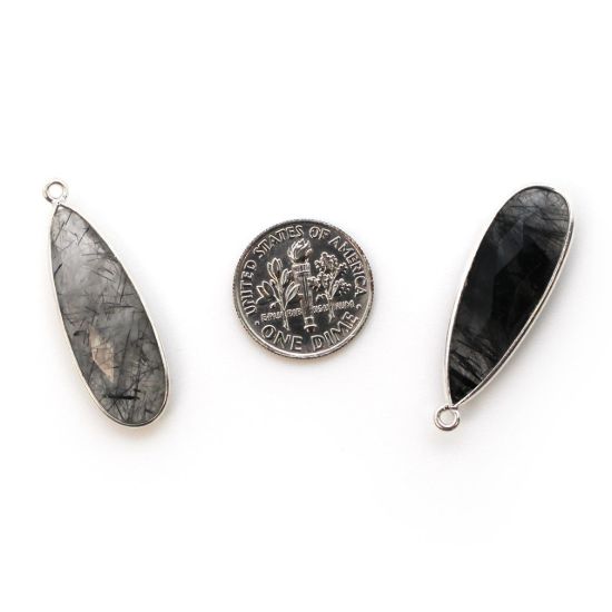 Wholesale Sterling Silver Bezel Charm Pendant - 34x11mm Elongated Teardrop - Black Rutilated Quartz