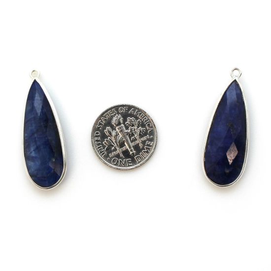 Wholesale Sterling Silver Bezel Charm Pendant - 34x11mm Elongated Teardrop - Blue Sapphire Dyed - September Birthstone