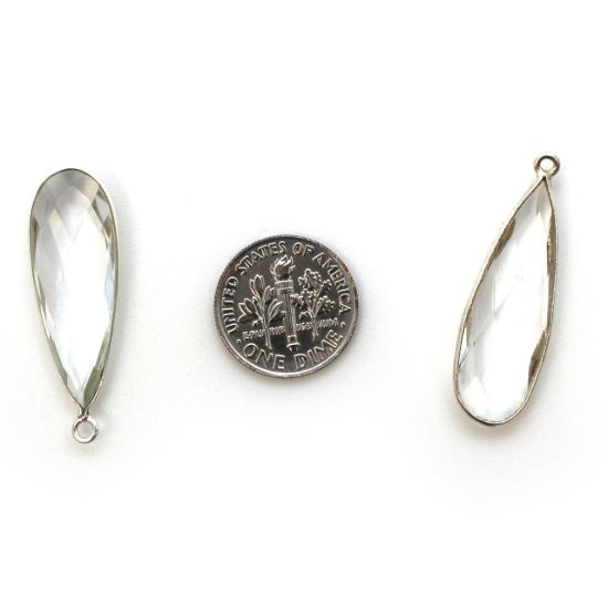 Wholesale Sterling Silver Bezel Charm Pendant - 34x11mm Elongated Teardrop - Crystal Quartz - April Birthstone