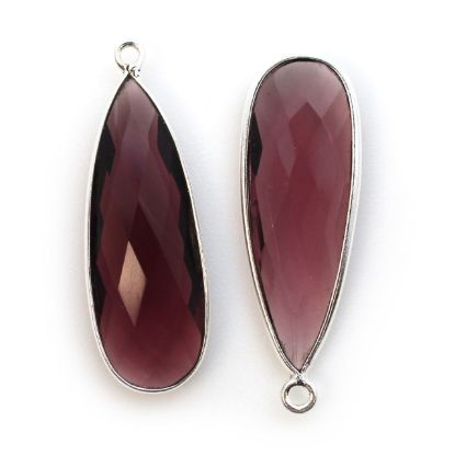 Wholesale Sterling Silver Bezel Charm Pendant - 34x11mm Elongated Teardrop - Pink Amethyst Quartz 