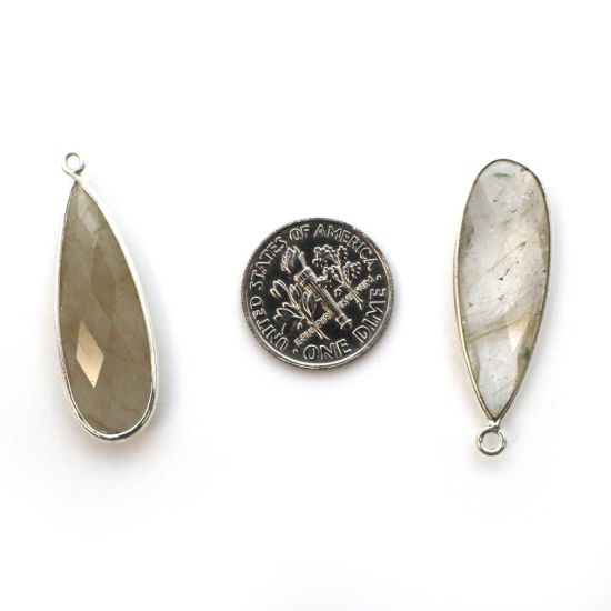 Wholesale Sterling Silver Bezel Charm Pendant - 34x11mm Elongated Teardrop - Gold Rutilated Quartz