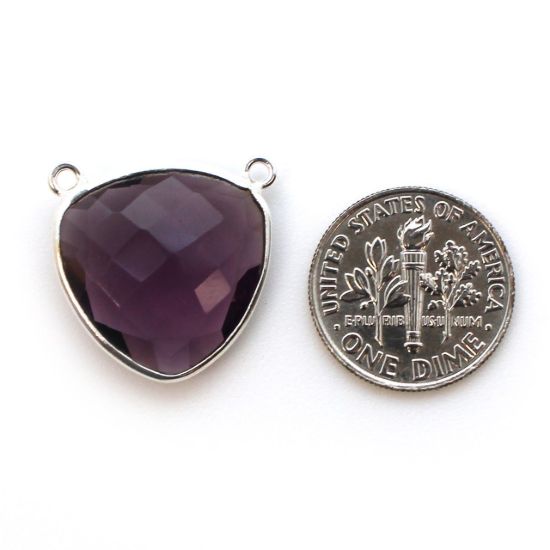 Wholesale Sterling Silver Bezel Gemstone Connector Pendant - 18mm Faceted Large Trillion Shape - Amethyst Quartz - February Birthstone