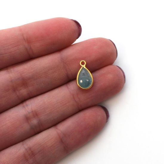 Wholesale Bezel Charm Pendant - Gold Plated Sterling Silver Charm - Natural Aquamarine  - Tiny Teardrop Shape - March Birthstone