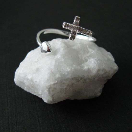 Wholesale 925 Sterling Silver CZ Stone Cross and Heart Ring - Adjustable (1 piece)